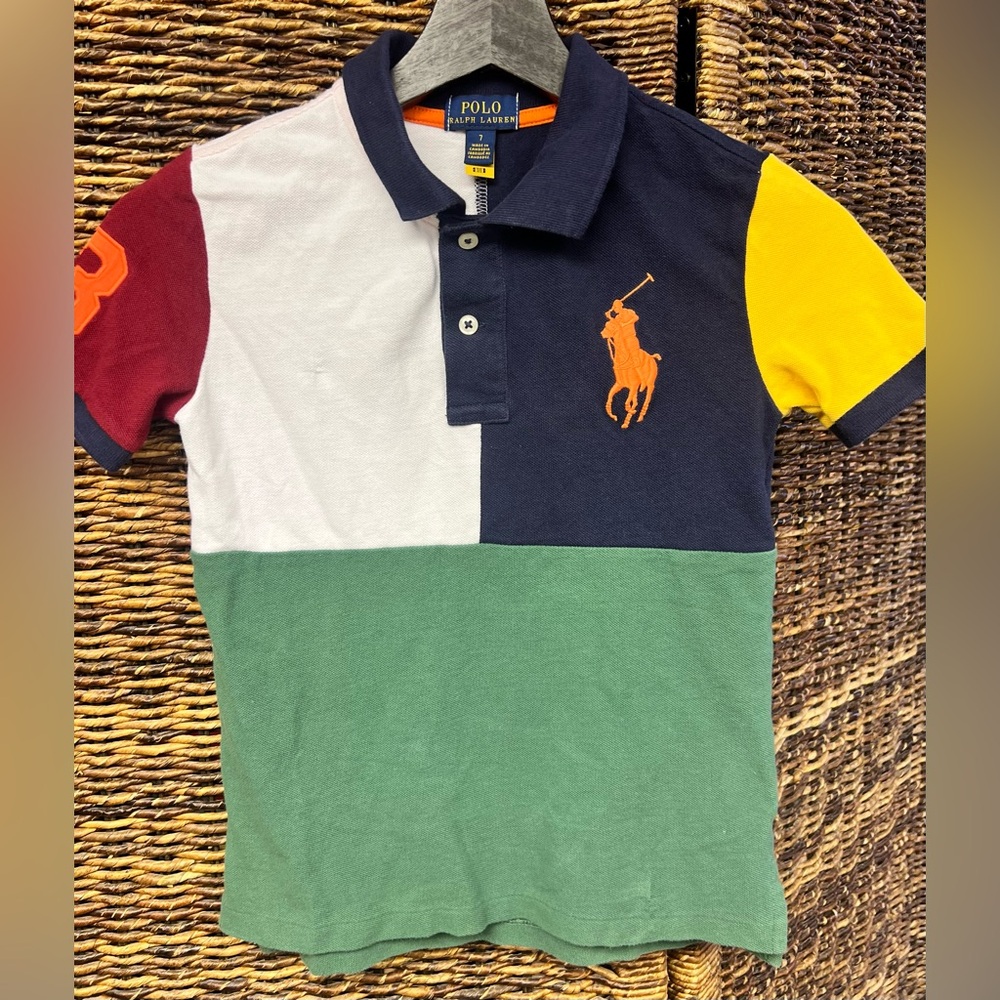 Polo by Ralph Lauren-Red/Blue/White/ Green Color‎ Block Polo Shirt, Size:7 Youth